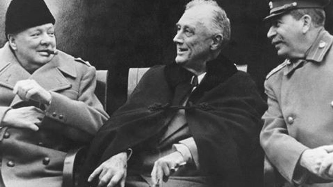 De drie geallieerde leiders: Churchill, Roosevelt en Stalin - publiek domein