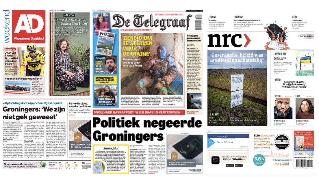 'Groningen' op de voorpagina's van De Telegraaf, het AD en de NRC.