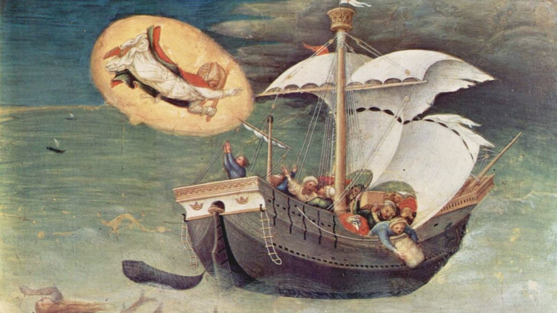 Sint Nicolaas redt de zeelieden tijdens de storm, olieverf op doek uit 1425, nu in collectie Vaticaan