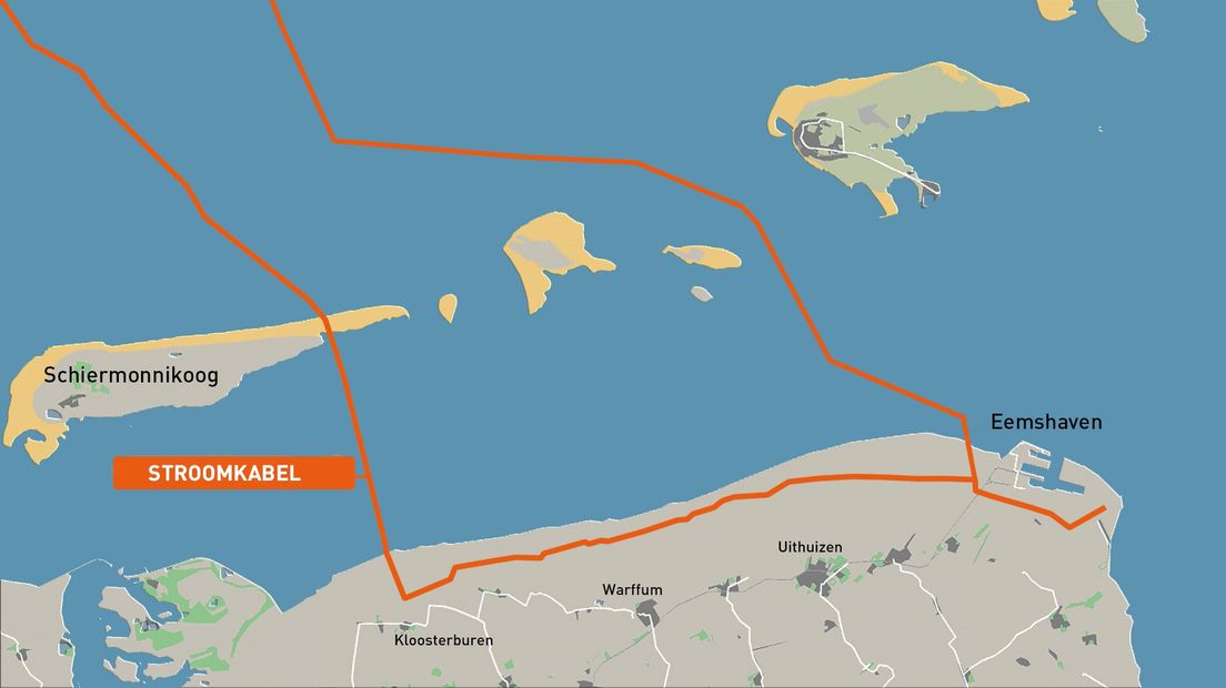 De oost- en westroute van de stroomkabel bij Schiermonnikoog