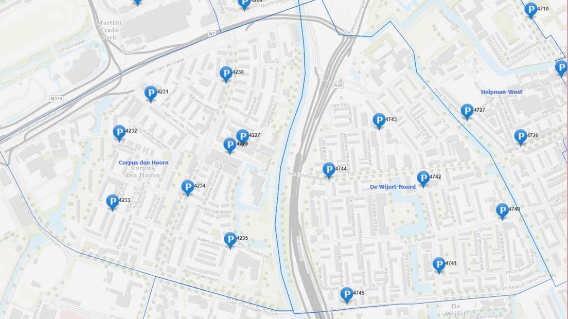Een overzicht van de parkeerautomaten in de wijk Corpus den Hoorn