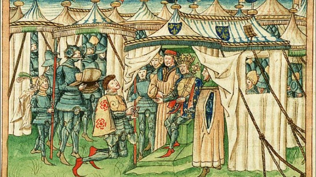 Hertog Willem I op zijn knieën voor de Franse koning