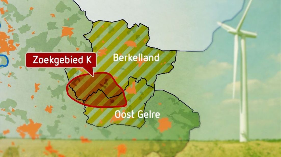 Zoekgebied K, het gebied waar de gemeenten Oost Gelre en Berkelland gaan onderzoeken of hier windmolens zouden kunnen komen.
