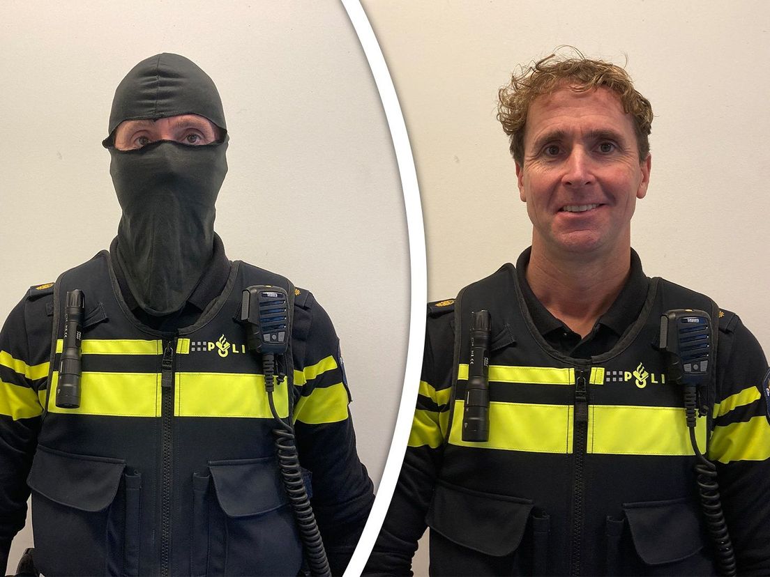 Jeugdagent Peter Dale met en zonder balaclava.