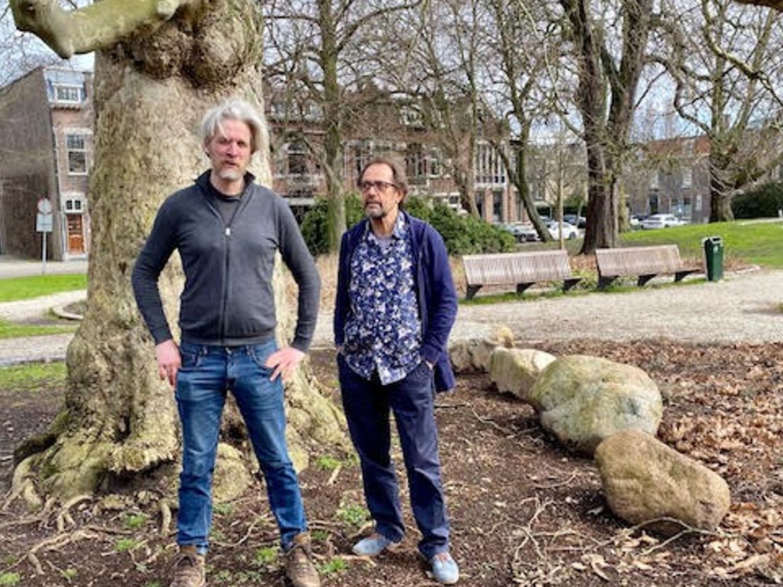 Aldo Hoeben en Willem van Hest bij de Plantage plataan , een Wereldboom in Schiedam