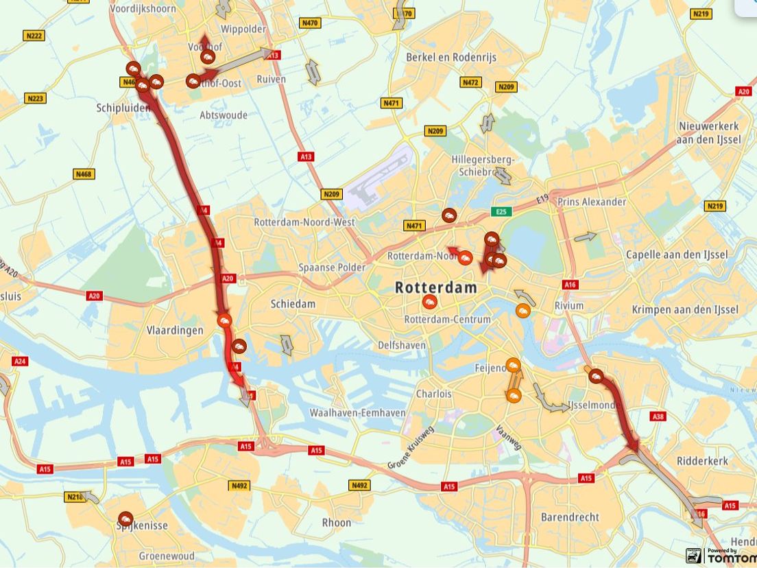 De vertraging op de A4 richting Rotterdam.