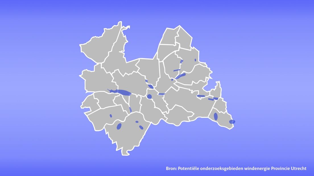 De blauwe vlekken zijn plekken waar gemeenten denken dat windmolens geplaatst kunnen worden