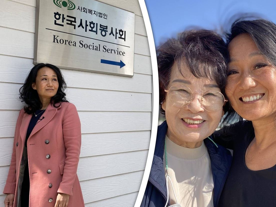 Links: Mischa bij het tehuis in Korea | Rechts: Mischa en Mama Lee