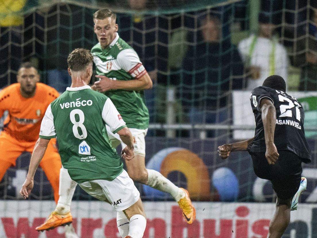Neraysho Kasanwirjo trapt voor FC Groningen de bal richting het doel van FC Dordrecht