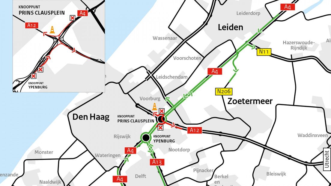 De rood gemaakte delen zijn dicht. De weg vanuit Leiden naar Den Haag (oranje pilon) is dit weekend wel open