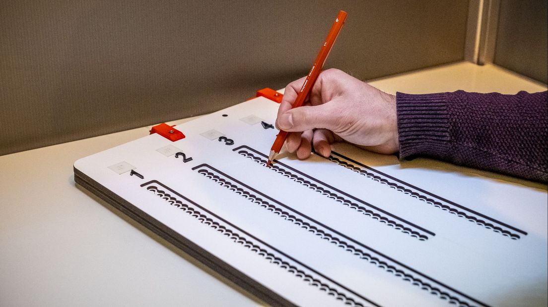 Met een stemmal, een houten plaat met vakjes over het stembiljet, kunnen slechtzienden stemmen.