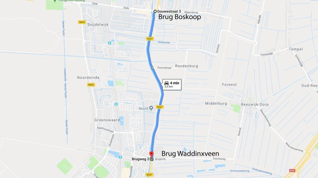 Automobilisten kunnen omrijden via Waddinxveen | Kaart: Google maps