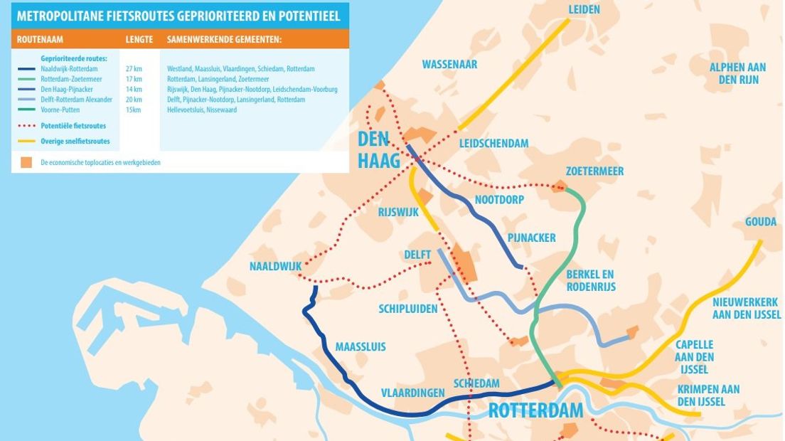 Een kaart met de plannen voor de snelfietsroutes. | Afbeelding: MRDH