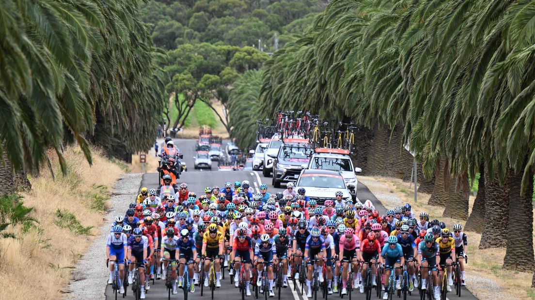 Het complete peloton in het begin van de eerste etappe