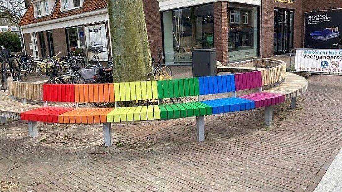 Zo zag het bankje er na de onthulling in maart uit.