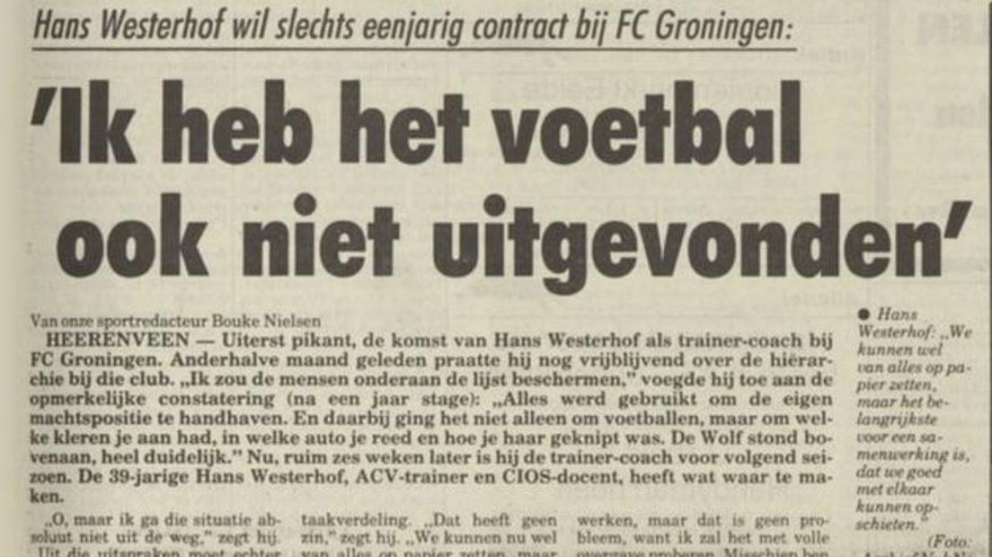 Artikel over aanstelling Westerhof in 1988