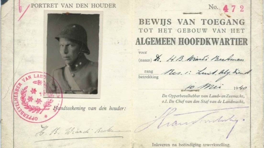 Bewijs van toegang voor het Algemeen Hoofdkwartier, gemaakt op 10 mei 1940