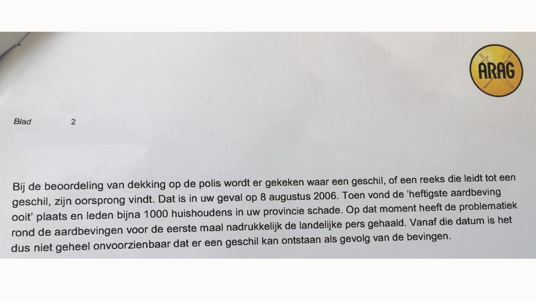 Een brief waar verzekeraar ARAG aankondigt geen rechtsbijstandverzekering af te willen sluiten.