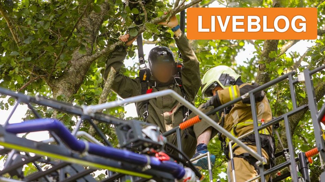 Een militair in opleiding is woensdagmiddag tijdens zijn eerste parachutesprong in een boom terechtgekomen.