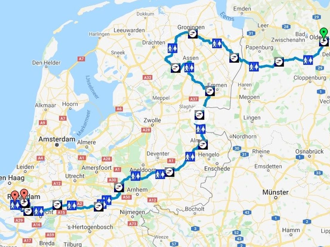 De route van de Roparun in 2020 (Rechten: Google Maps)