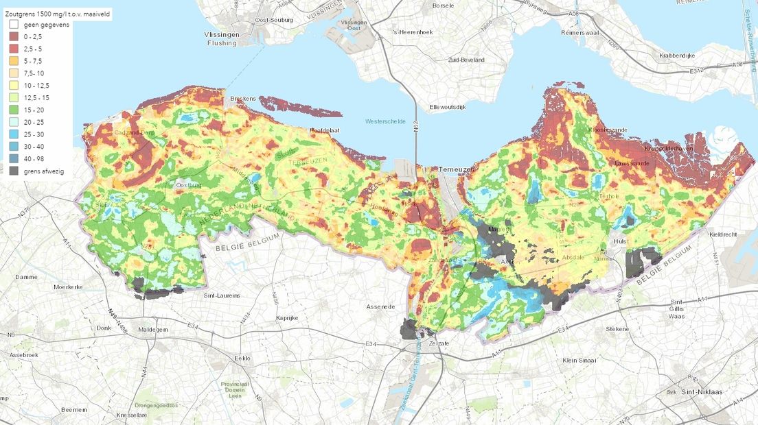 Kaart van verdeling zoet en zout water in Zeeuws-Vlaanderen