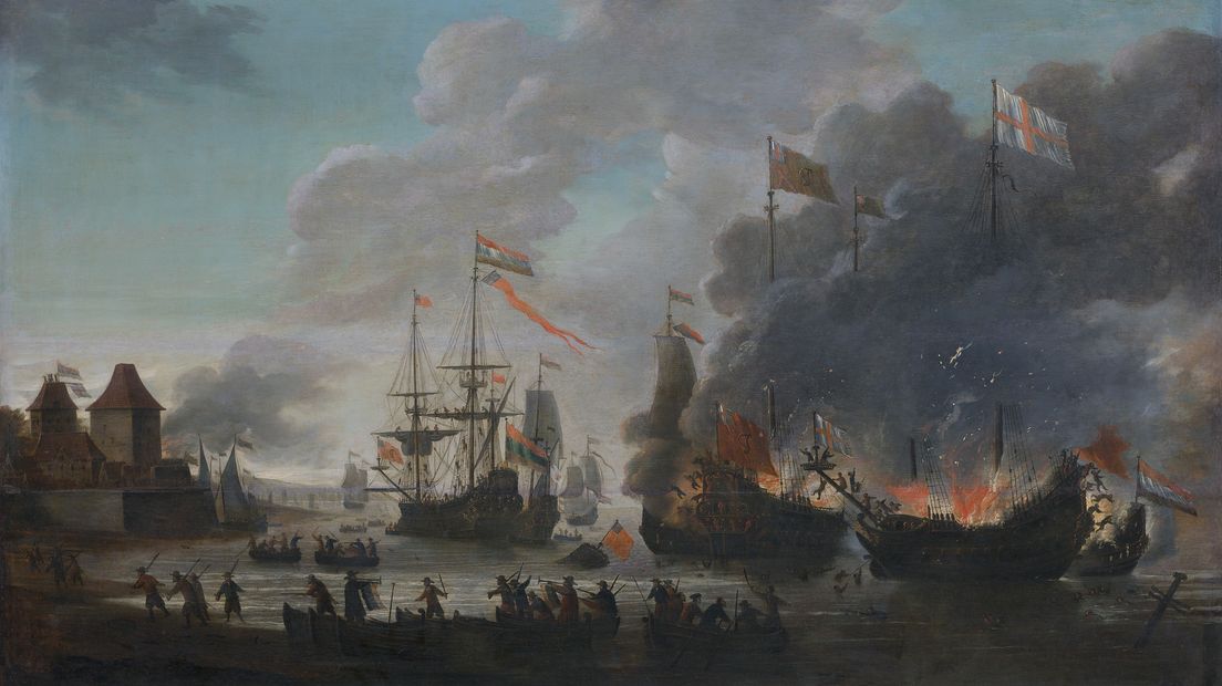 Nederlanders verbranden Engelse schepen (Jan van Leyden, 1669)