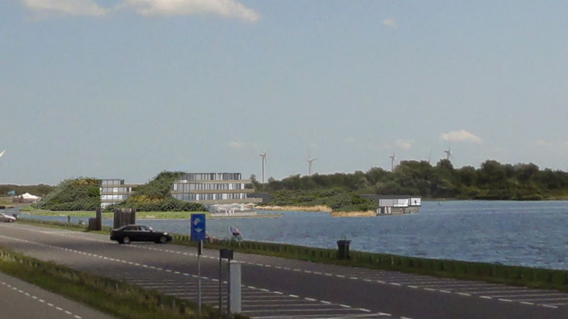 Zijaanzicht van het hotel dat de Zeeuwse Lagune wil bouwen (animatie)