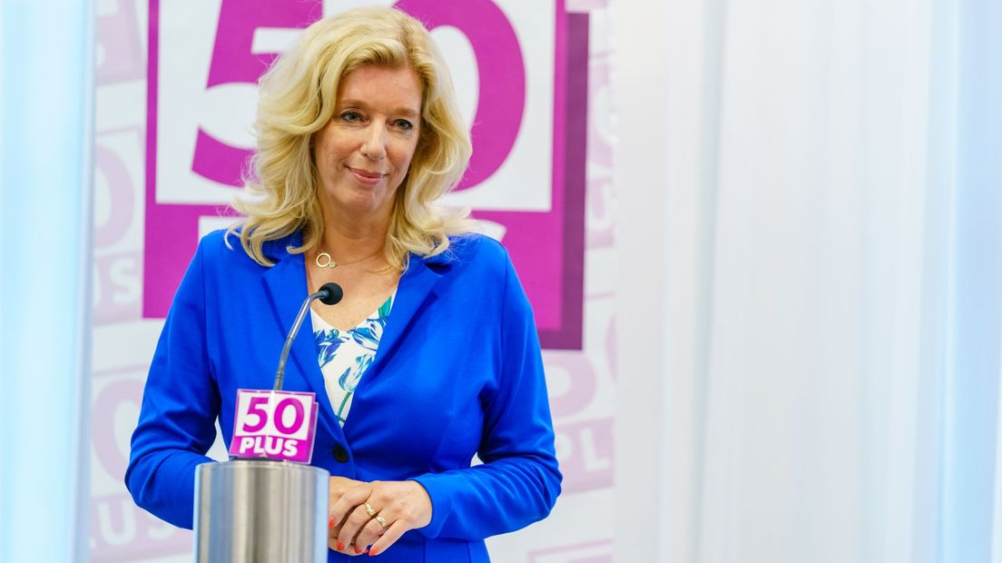 Liane de Haan staat de media te woord tijdens een persconferentie van 50Plus.
