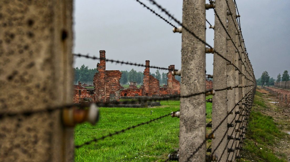 De overblijfselen van de afrastering binnen kamp Auschwitz Birkenau, en de restanten van stenen barakken.