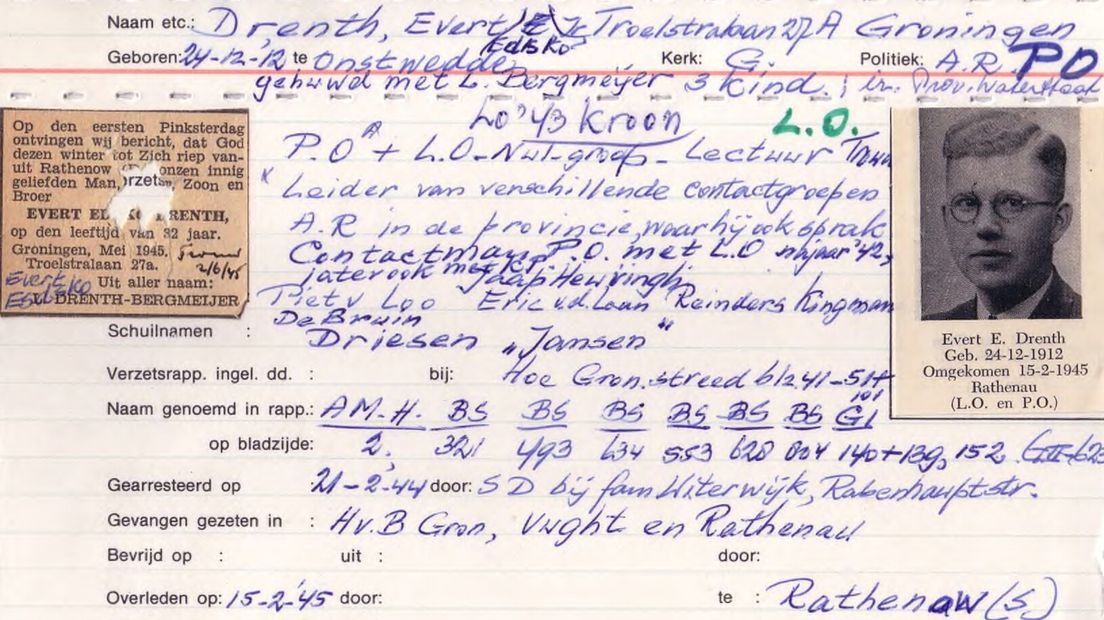 Registratiekaart van Evert Drenth van de Stichting 1940-1945