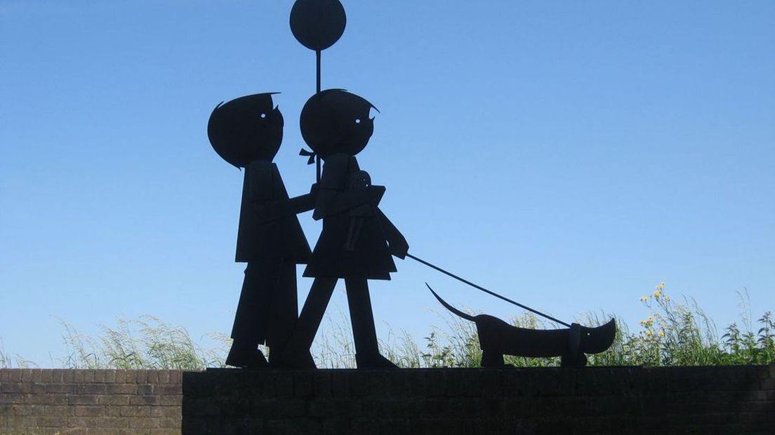 Het standbeeld van Jip en Janneke aan de Waalkade in Zaltbommel.