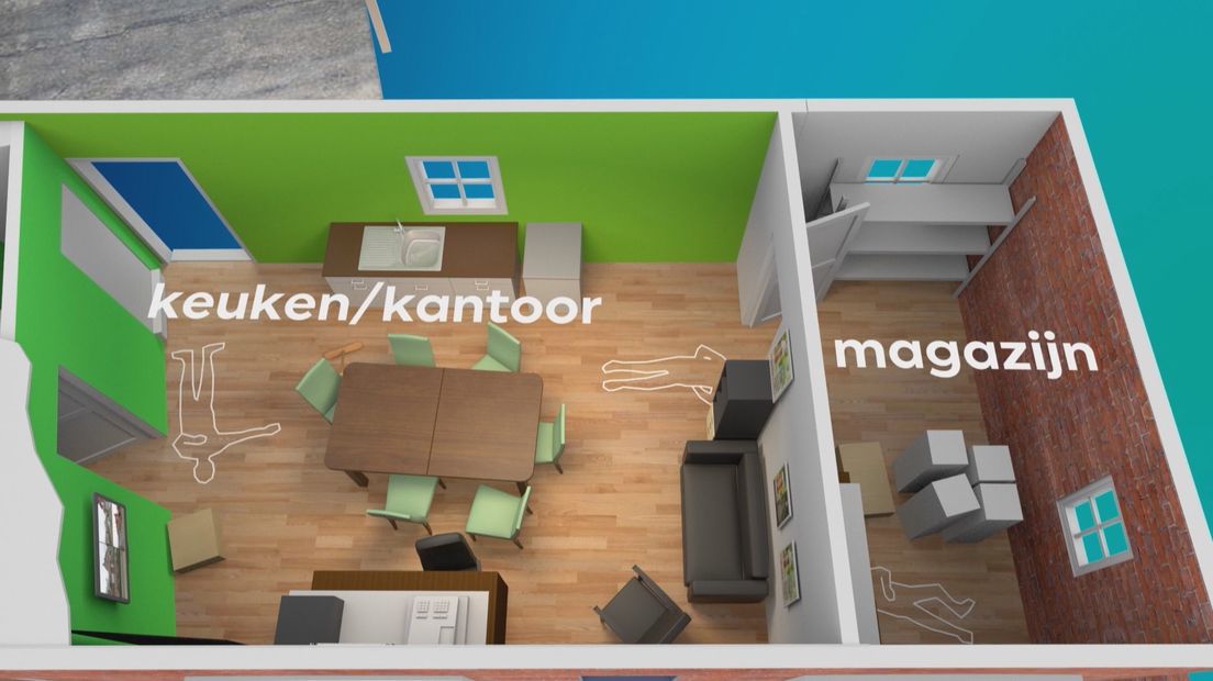 Een overzicht van het keukentje en het magazijn, waar drie van de slachtoffers werden omgebracht