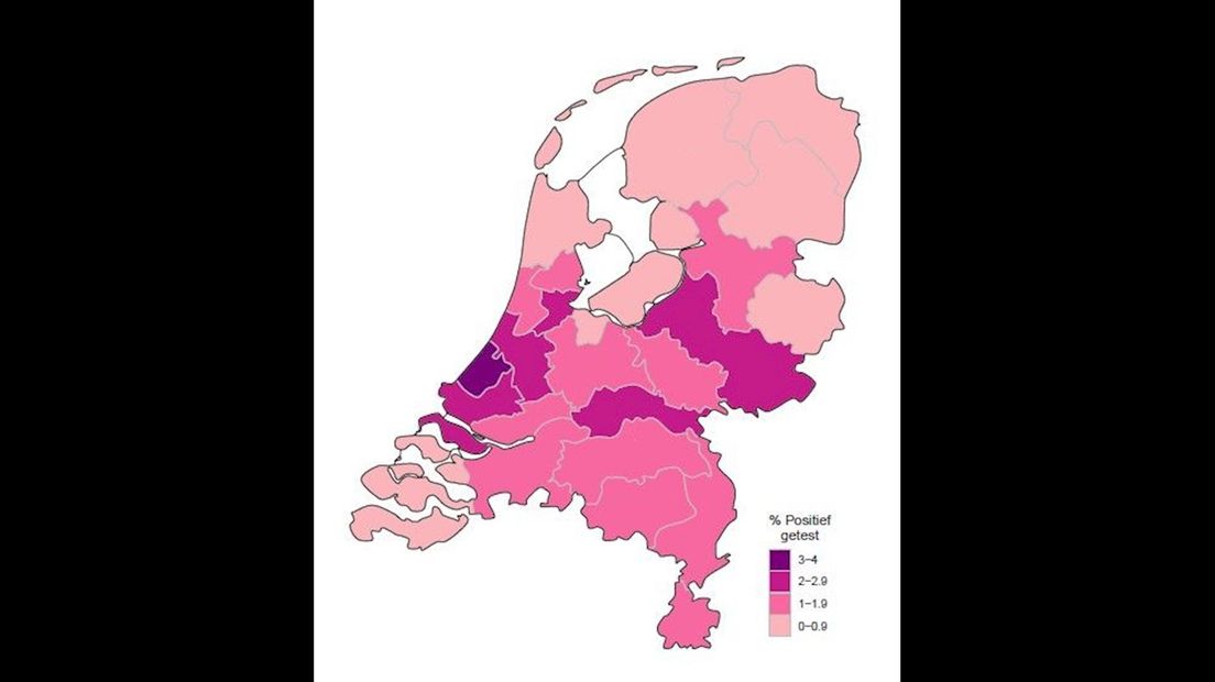 Kaartje waarop te zien is hoeveel procent van de geteste mensen positief testte in teststraten