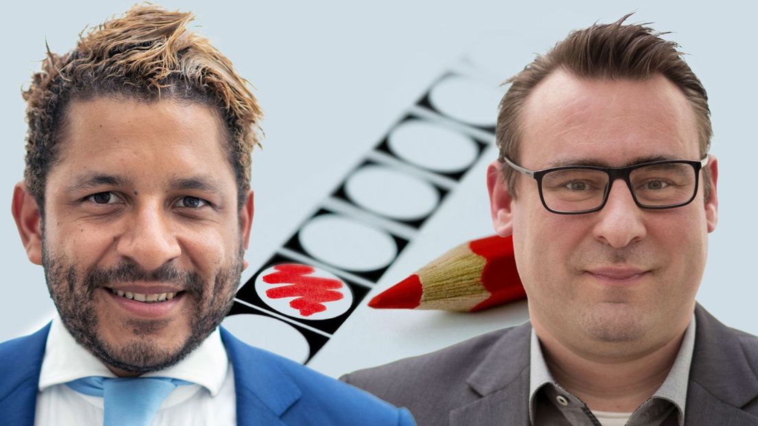 PVV'er Sebastian Kruis (links) en Richard de Mos (rechts) van Groep de Mos zijn winnaars van Haagse peiling