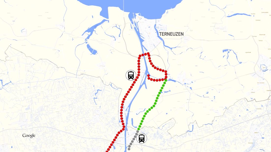 Rode stippellijn is huidige goederenspoorlijn; groene lijn is het gewenste traject