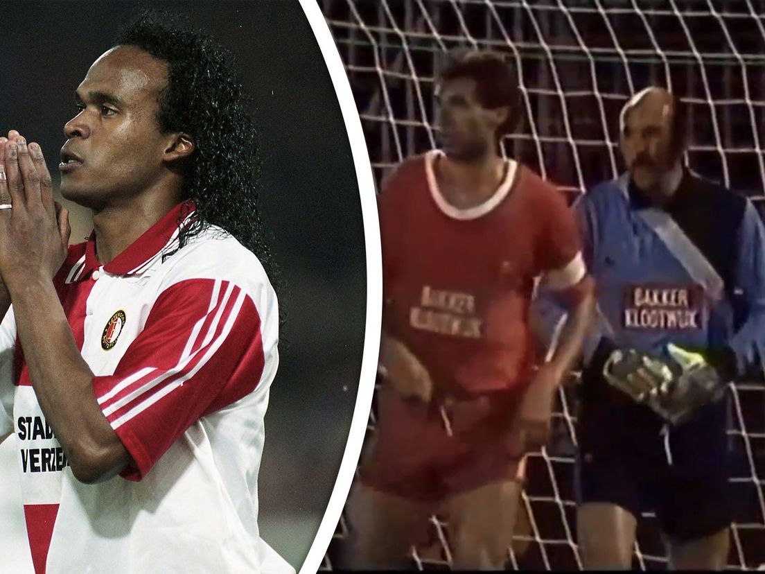 Links Gaston Taument als speler van Feyenoord, rechts de legendarische doelman Artur Lekbello
