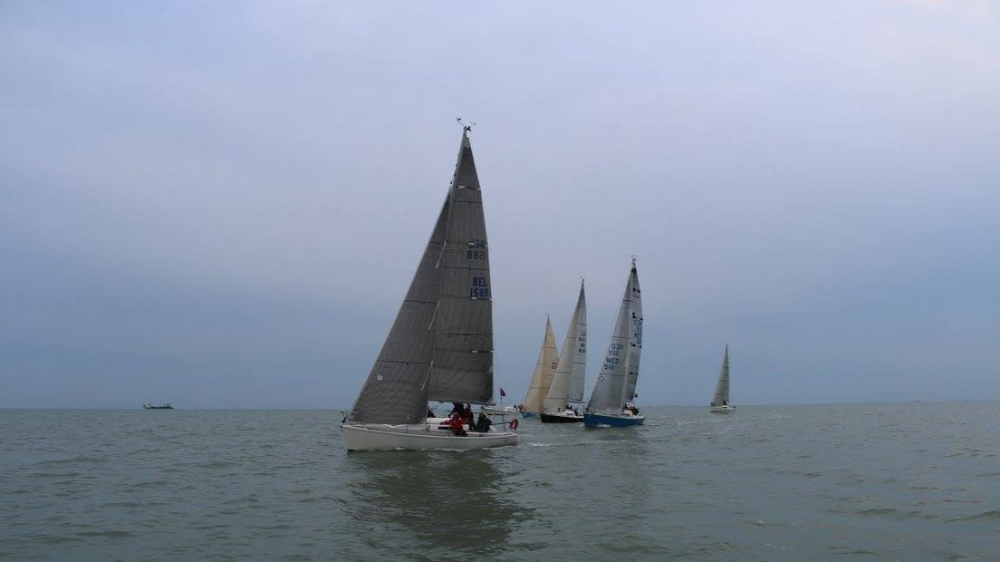 De Capella (het blauwe zeiljacht, rechts van het midden) bij de start van de race