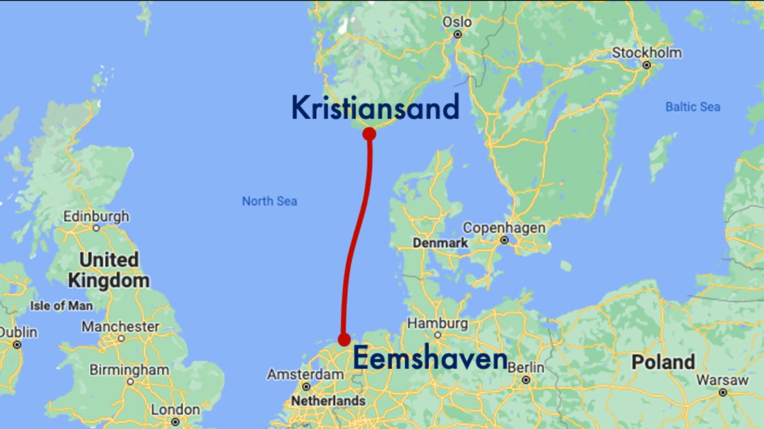 Het traject tussen de Eemshaven en Kristiansand in Zuid-Noorwegen