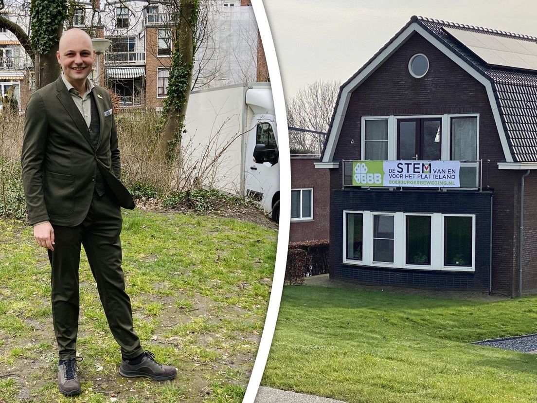 Edwin in de tuin van het Provincie Huis en een banner op het balkon met zicht op de Lek