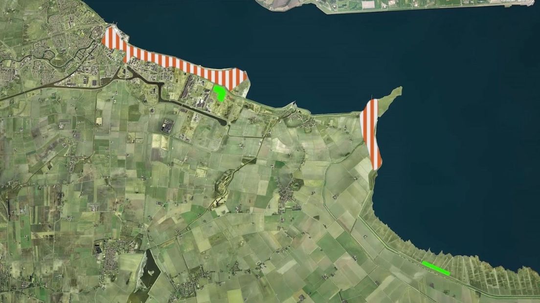 De rood-wit gemarkeerde gebieden geven aan waar het slib vandaan komt, de groene de Kleirijperij