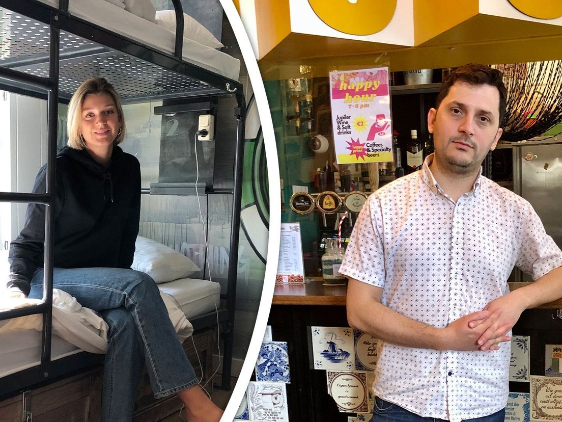 Anna op haar stapelbed en Juan voor de bar