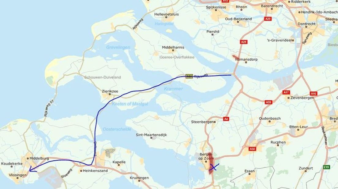 De ANWB adviseert het verkeer richting Vlissingen om te rijden via Zierikzee.