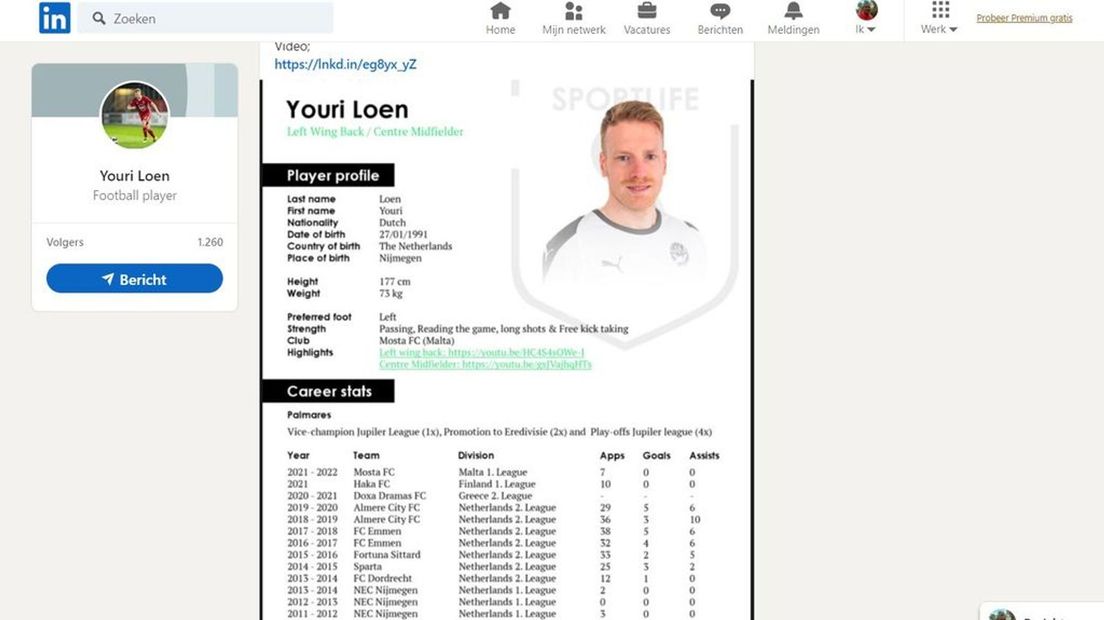 Youri Loen prijst zichzelf aan op LinkedIn.