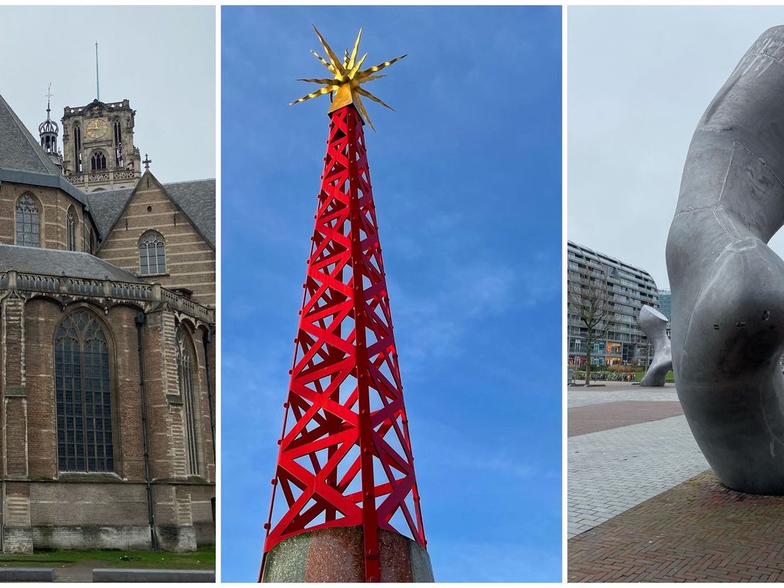 De Laurenskerk, het Monument voor de Gastarbeider en het kunstwerk dat de plek van de dam in de Rotte markeert