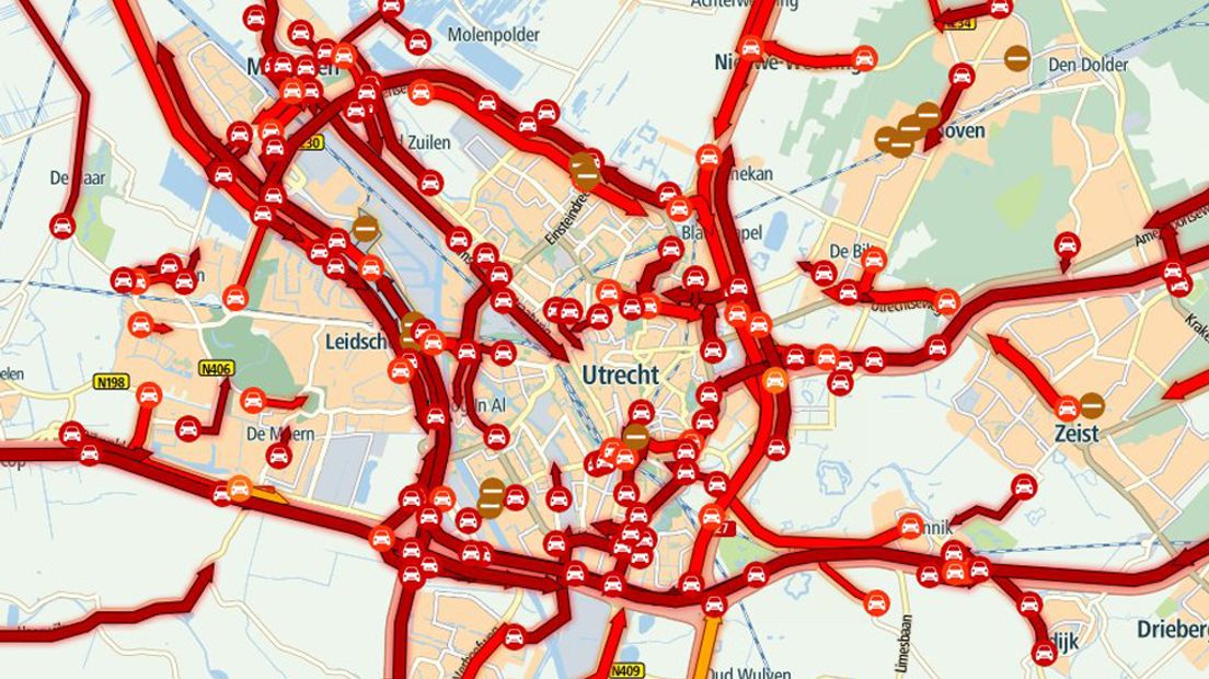 Utrecht kleurt rood op de wegenkaart van de ANWB