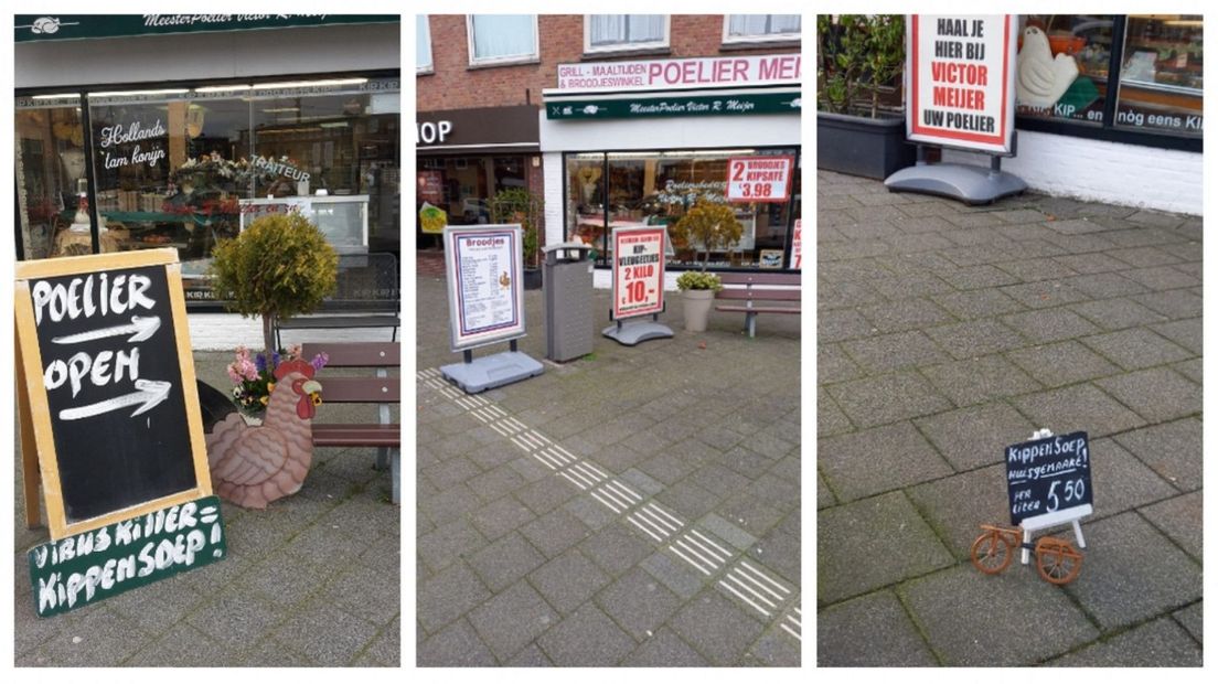 Grote en kleine reclameborden op het plein voor zijn winkel